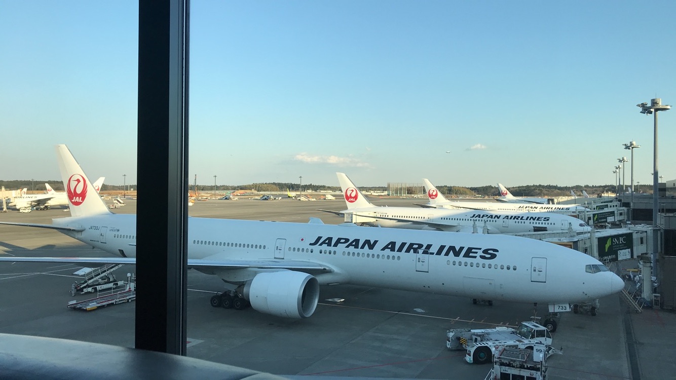 Japan Airlines First Class, Tokyo Narita view of JAL 777s