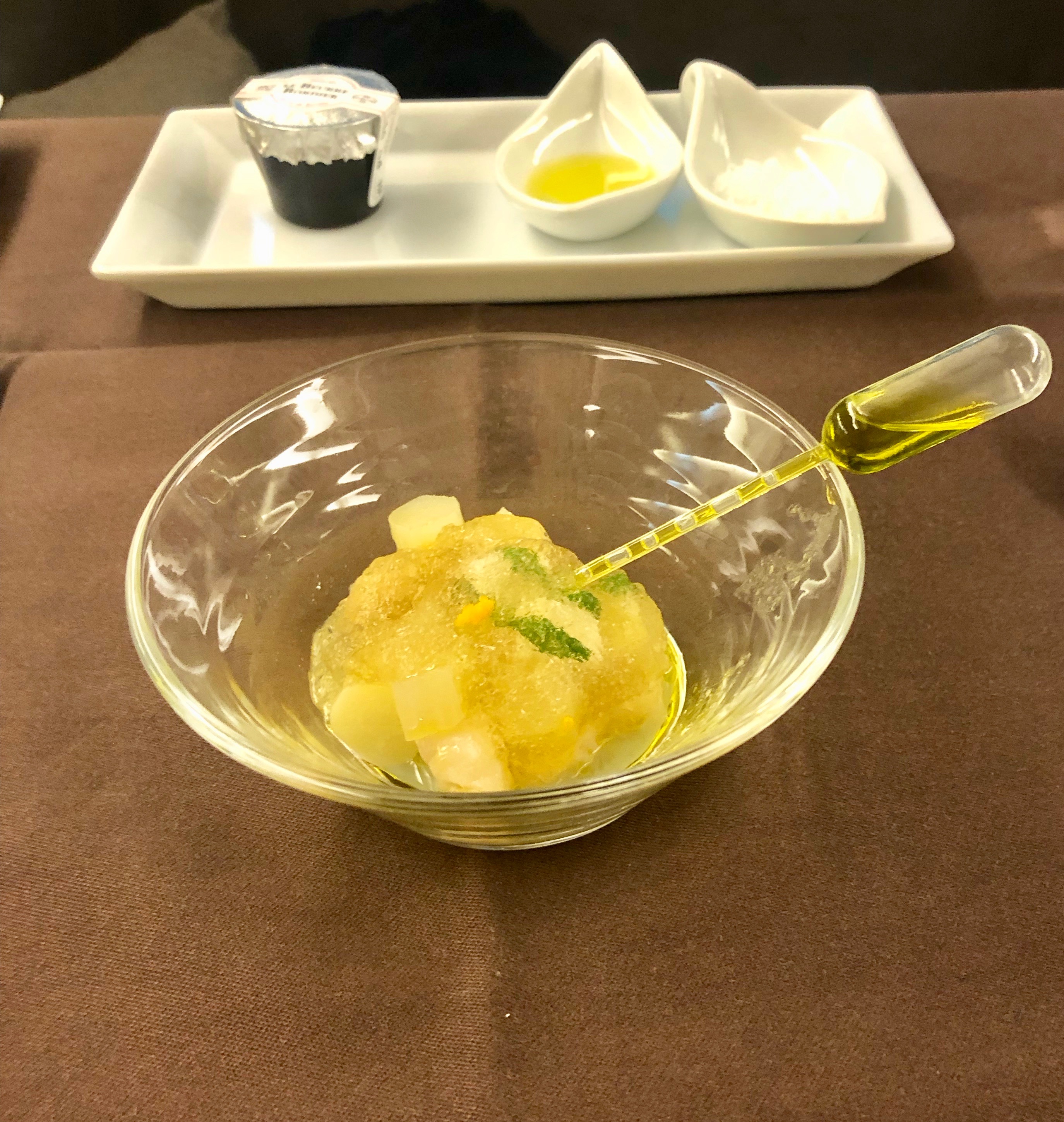 JAL First Class amuse bouche - a tartare of pen shell, scallop, bamboo shoots and white asparagus