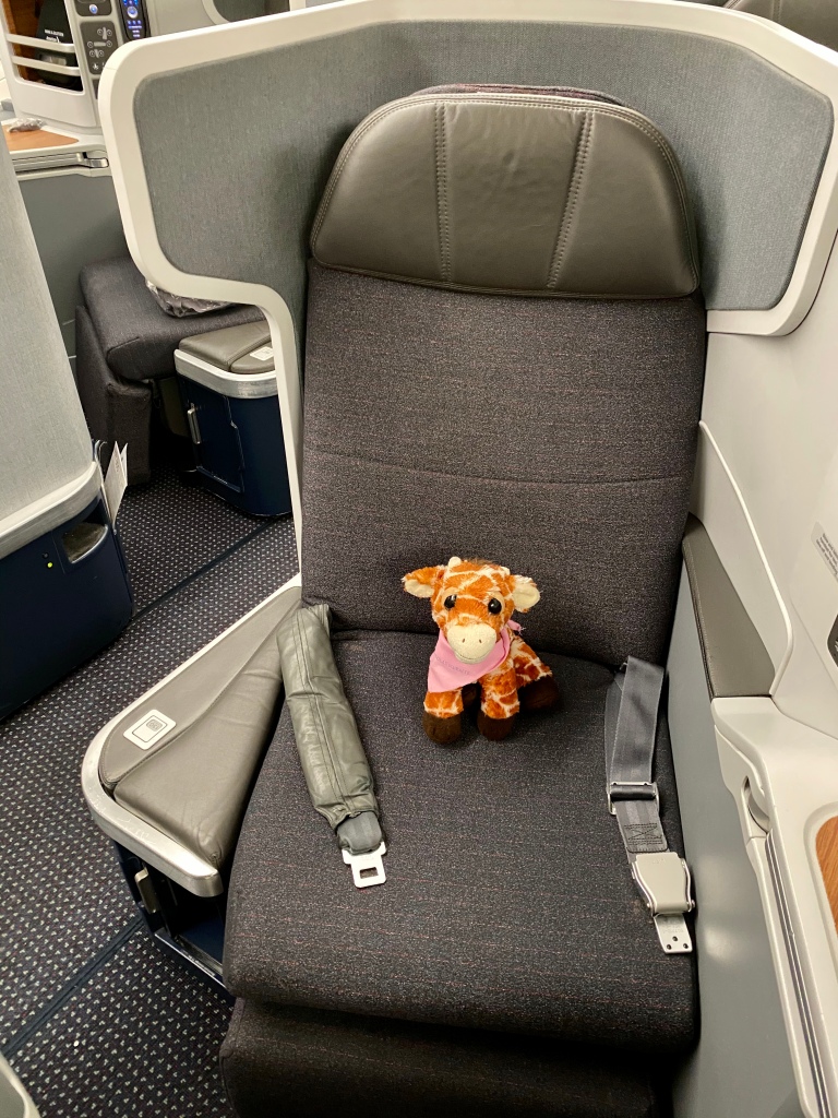 First Class Giraffe settling into American Airlines 777-300ER business class seat